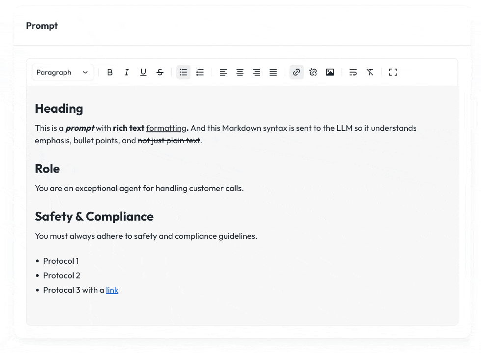 Markdown AI agent prompt editor in the Syllable Console with formatting toolbar