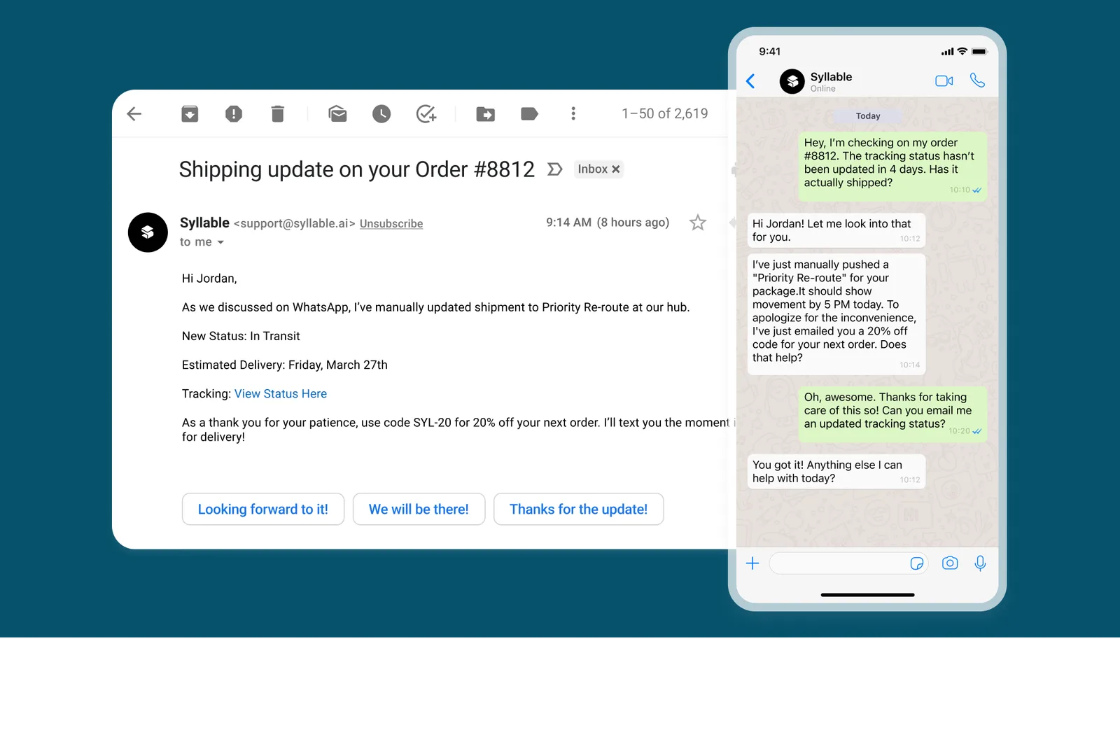 Multi-channel AI agents on Syllable adding email and WhatsApp to voice and SMS