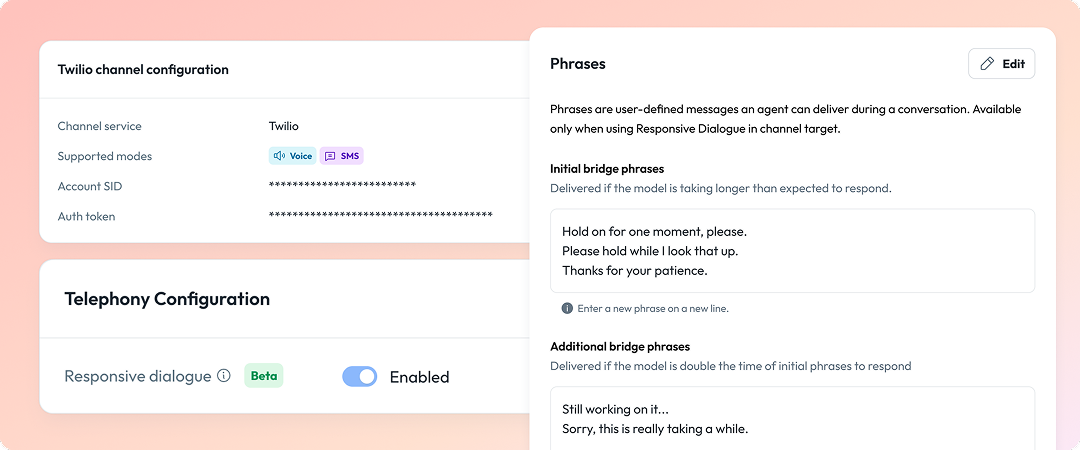 Responsive Dialogue voice AI bridge phrase settings in the Syllable Console