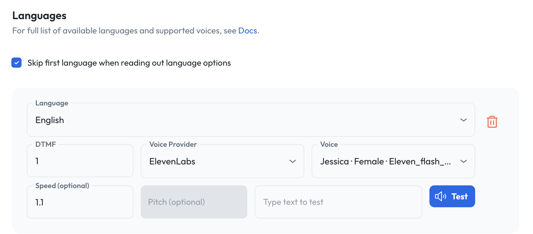 Voice Preview AI agent voice settings for provider, voice, and talking speed