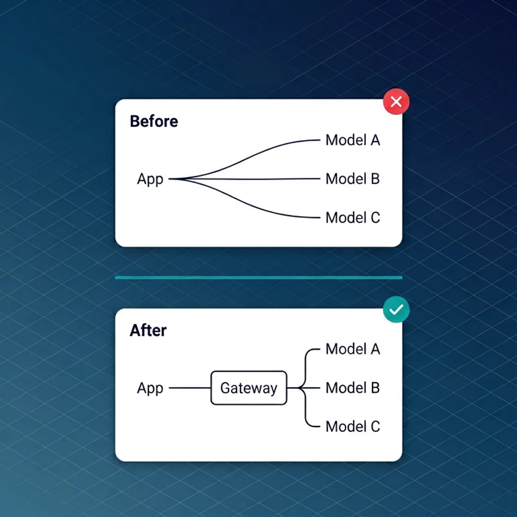 Before and after comparison showing LLM Gateway simplifying multi-provider integration