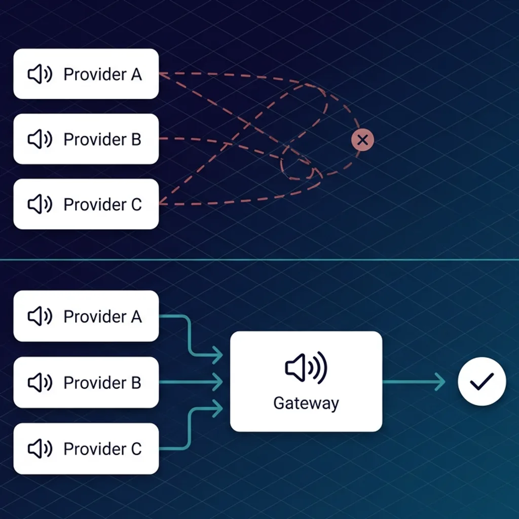 Before and after comparison showing TTS Gateway simplifying voice provider management
