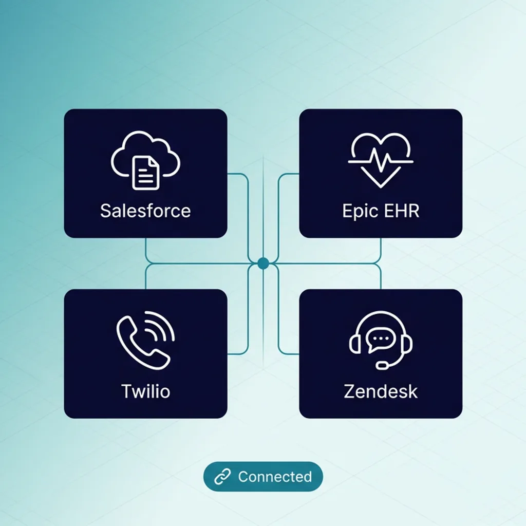 Integration icons for CRM, EHR, telephony, and knowledge base systems